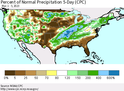 United States Percent of Normal Precipitation 5-Day (CPC) Thematic Map For 3/1/2023 - 3/5/2023
