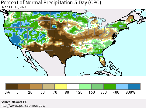 United States Percent of Normal Precipitation 5-Day (CPC) Thematic Map For 3/11/2023 - 3/15/2023
