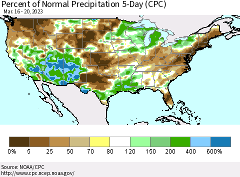United States Percent of Normal Precipitation 5-Day (CPC) Thematic Map For 3/16/2023 - 3/20/2023
