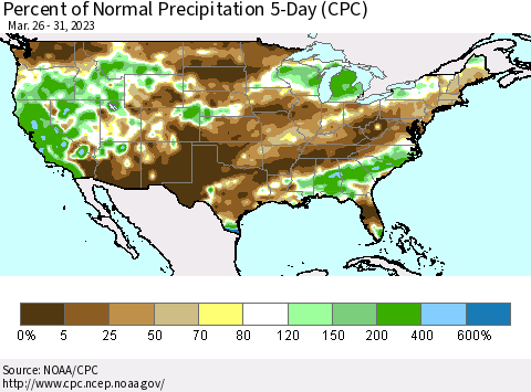 United States Percent of Normal Precipitation 5-Day (CPC) Thematic Map For 3/26/2023 - 3/31/2023