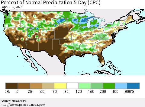 United States Percent of Normal Precipitation 5-Day (CPC) Thematic Map For 4/1/2023 - 4/5/2023