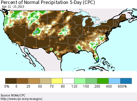 United States Percent of Normal Precipitation 5-Day (CPC) Thematic Map For 4/11/2023 - 4/15/2023