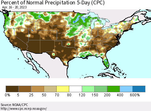United States Percent of Normal Precipitation 5-Day (CPC) Thematic Map For 4/16/2023 - 4/20/2023