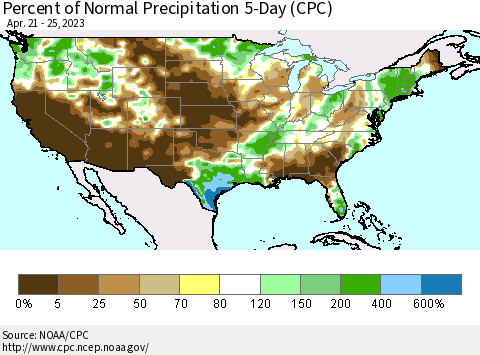 United States Percent of Normal Precipitation 5-Day (CPC) Thematic Map For 4/21/2023 - 4/25/2023