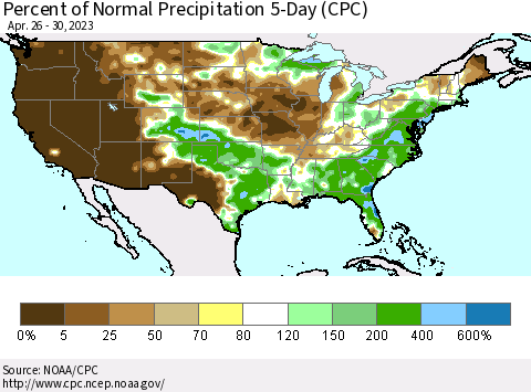 United States Percent of Normal Precipitation 5-Day (CPC) Thematic Map For 4/26/2023 - 4/30/2023