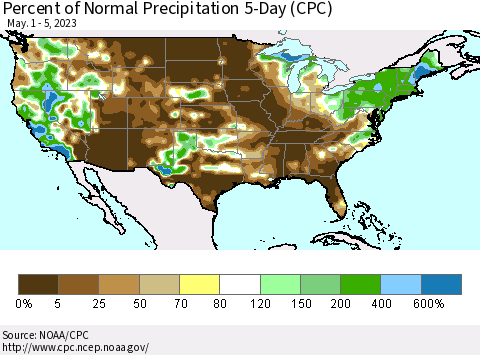 United States Percent of Normal Precipitation 5-Day (CPC) Thematic Map For 5/1/2023 - 5/5/2023