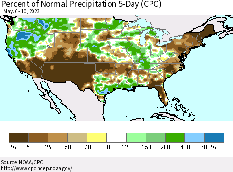 United States Percent of Normal Precipitation 5-Day (CPC) Thematic Map For 5/6/2023 - 5/10/2023