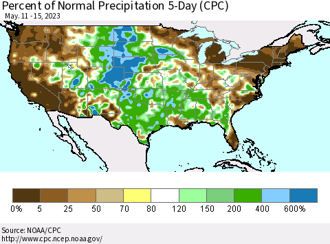 United States Percent of Normal Precipitation 5-Day (CPC) Thematic Map For 5/11/2023 - 5/15/2023