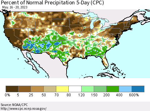 United States Percent of Normal Precipitation 5-Day (CPC) Thematic Map For 5/16/2023 - 5/20/2023