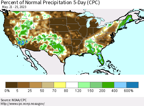 United States Percent of Normal Precipitation 5-Day (CPC) Thematic Map For 5/21/2023 - 5/25/2023