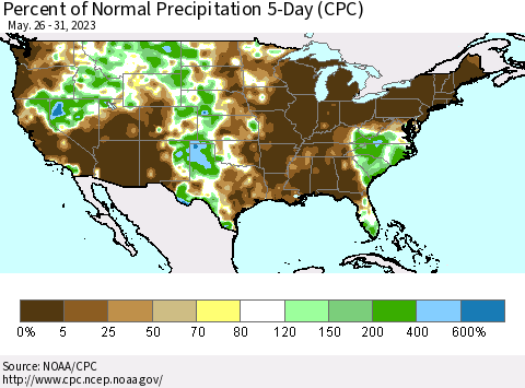 United States Percent of Normal Precipitation 5-Day (CPC) Thematic Map For 5/26/2023 - 5/31/2023