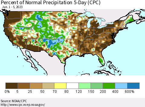 United States Percent of Normal Precipitation 5-Day (CPC) Thematic Map For 6/1/2023 - 6/5/2023