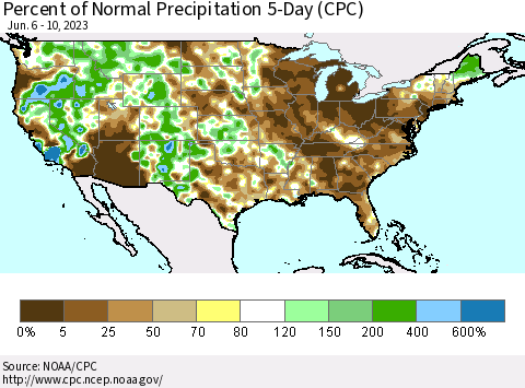 United States Percent of Normal Precipitation 5-Day (CPC) Thematic Map For 6/6/2023 - 6/10/2023