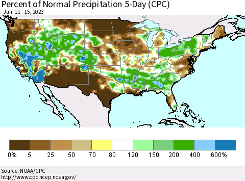 United States Percent of Normal Precipitation 5-Day (CPC) Thematic Map For 6/11/2023 - 6/15/2023