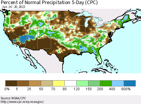 United States Percent of Normal Precipitation 5-Day (CPC) Thematic Map For 6/16/2023 - 6/20/2023