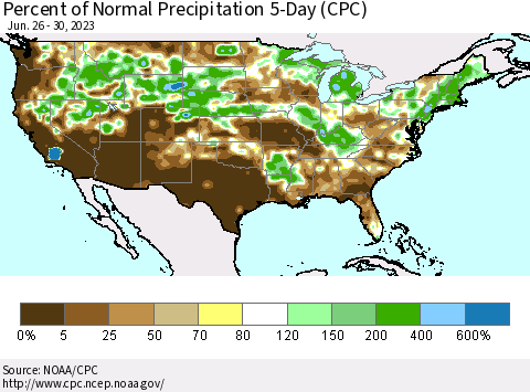 United States Percent of Normal Precipitation 5-Day (CPC) Thematic Map For 6/26/2023 - 6/30/2023