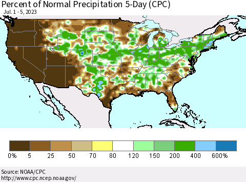 United States Percent of Normal Precipitation 5-Day (CPC) Thematic Map For 7/1/2023 - 7/5/2023