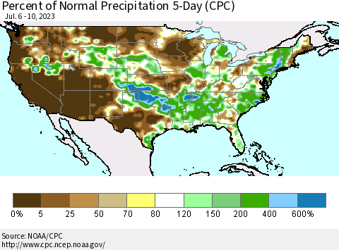 United States Percent of Normal Precipitation 5-Day (CPC) Thematic Map For 7/6/2023 - 7/10/2023