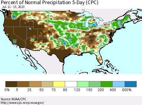 United States Percent of Normal Precipitation 5-Day (CPC) Thematic Map For 7/11/2023 - 7/15/2023