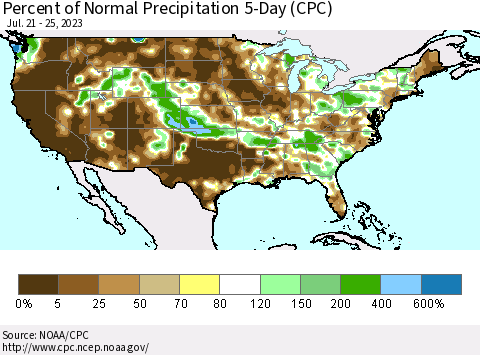 United States Percent of Normal Precipitation 5-Day (CPC) Thematic Map For 7/21/2023 - 7/25/2023
