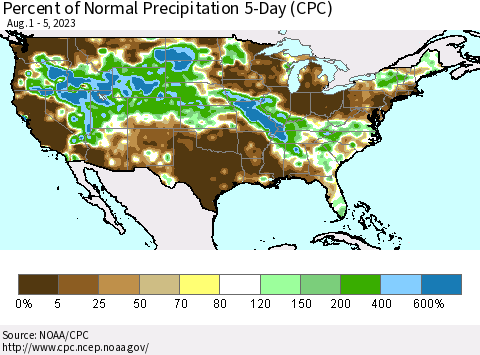 United States Percent of Normal Precipitation 5-Day (CPC) Thematic Map For 8/1/2023 - 8/5/2023