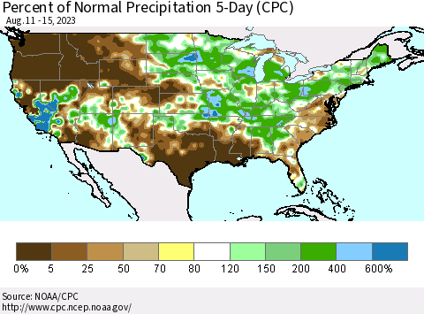 United States Percent of Normal Precipitation 5-Day (CPC) Thematic Map For 8/11/2023 - 8/15/2023