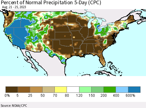 United States Percent of Normal Precipitation 5-Day (CPC) Thematic Map For 8/21/2023 - 8/25/2023