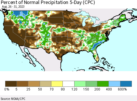 United States Percent of Normal Precipitation 5-Day (CPC) Thematic Map For 8/26/2023 - 8/31/2023