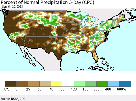 United States Percent of Normal Precipitation 5-Day (CPC) Thematic Map For 9/6/2023 - 9/10/2023