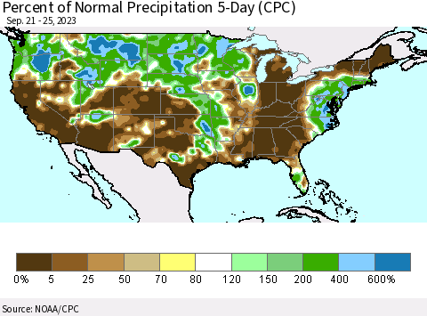 United States Percent of Normal Precipitation 5-Day (CPC) Thematic Map For 9/21/2023 - 9/25/2023