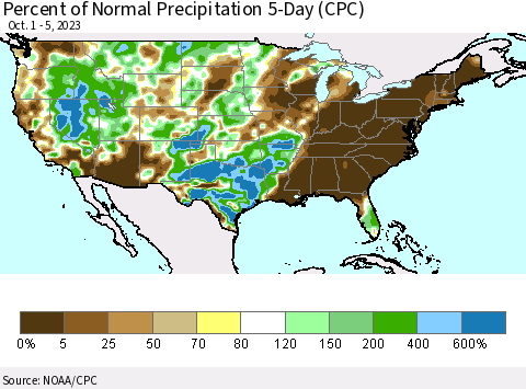 United States Percent of Normal Precipitation 5-Day (CPC) Thematic Map For 10/1/2023 - 10/5/2023