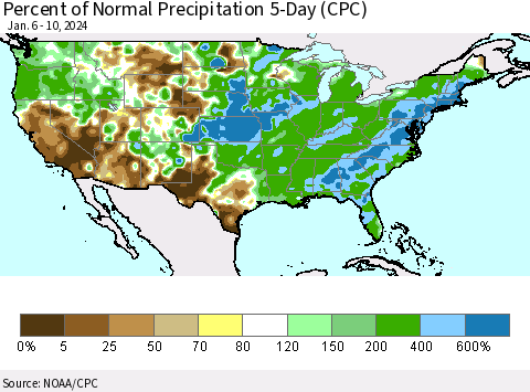 United States Percent of Normal Precipitation 5-Day (CPC) Thematic Map For 1/6/2024 - 1/10/2024