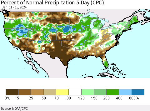 United States Percent of Normal Precipitation 5-Day (CPC) Thematic Map For 1/11/2024 - 1/15/2024