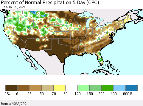 United States Percent of Normal Precipitation 5-Day (CPC) Thematic Map For 1/16/2024 - 1/20/2024