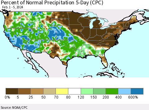 United States Percent of Normal Precipitation 5-Day (CPC) Thematic Map For 2/1/2024 - 2/5/2024