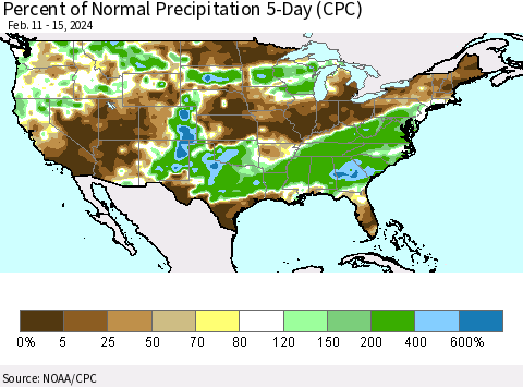 United States Percent of Normal Precipitation 5-Day (CPC) Thematic Map For 2/11/2024 - 2/15/2024