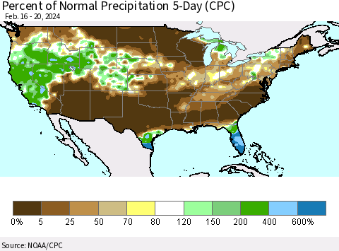 United States Percent of Normal Precipitation 5-Day (CPC) Thematic Map For 2/16/2024 - 2/20/2024