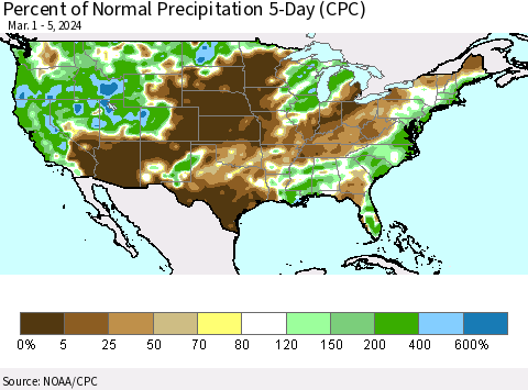 United States Percent of Normal Precipitation 5-Day (CPC) Thematic Map For 3/1/2024 - 3/5/2024