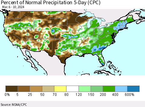 United States Percent of Normal Precipitation 5-Day (CPC) Thematic Map For 3/6/2024 - 3/10/2024