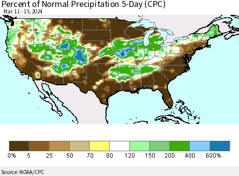 United States Percent of Normal Precipitation 5-Day (CPC) Thematic Map For 3/11/2024 - 3/15/2024