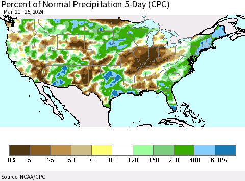 United States Percent of Normal Precipitation 5-Day (CPC) Thematic Map For 3/21/2024 - 3/25/2024