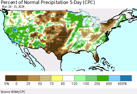 United States Percent of Normal Precipitation 5-Day (CPC) Thematic Map For 3/26/2024 - 3/31/2024
