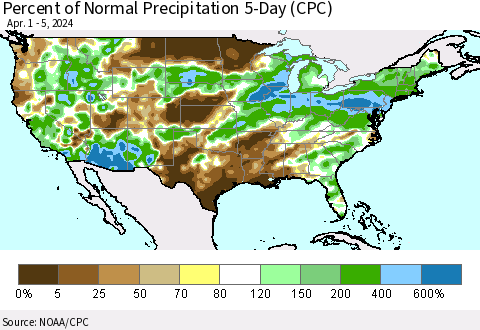 United States Percent of Normal Precipitation 5-Day (CPC) Thematic Map For 4/1/2024 - 4/5/2024