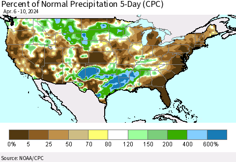 United States Percent of Normal Precipitation 5-Day (CPC) Thematic Map For 4/6/2024 - 4/10/2024
