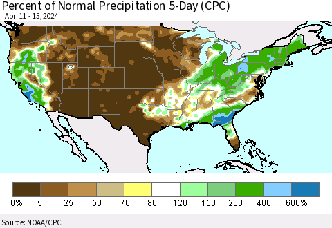 United States Percent of Normal Precipitation 5-Day (CPC) Thematic Map For 4/11/2024 - 4/15/2024