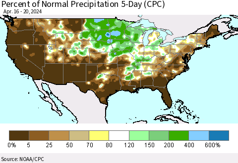 United States Percent of Normal Precipitation 5-Day (CPC) Thematic Map For 4/16/2024 - 4/20/2024