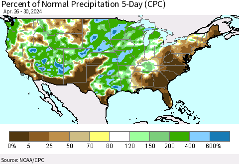 United States Percent of Normal Precipitation 5-Day (CPC) Thematic Map For 4/26/2024 - 4/30/2024