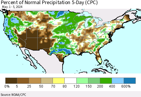 United States Percent of Normal Precipitation 5-Day (CPC) Thematic Map For 5/1/2024 - 5/5/2024