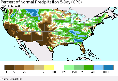 United States Percent of Normal Precipitation 5-Day (CPC) Thematic Map For 5/6/2024 - 5/10/2024