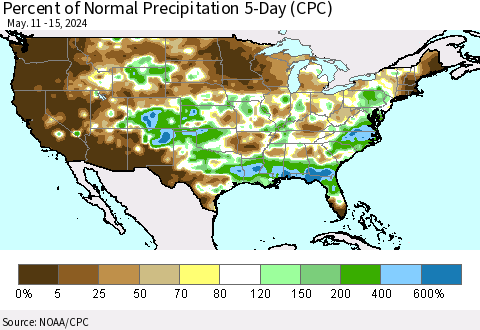 United States Percent of Normal Precipitation 5-Day (CPC) Thematic Map For 5/11/2024 - 5/15/2024